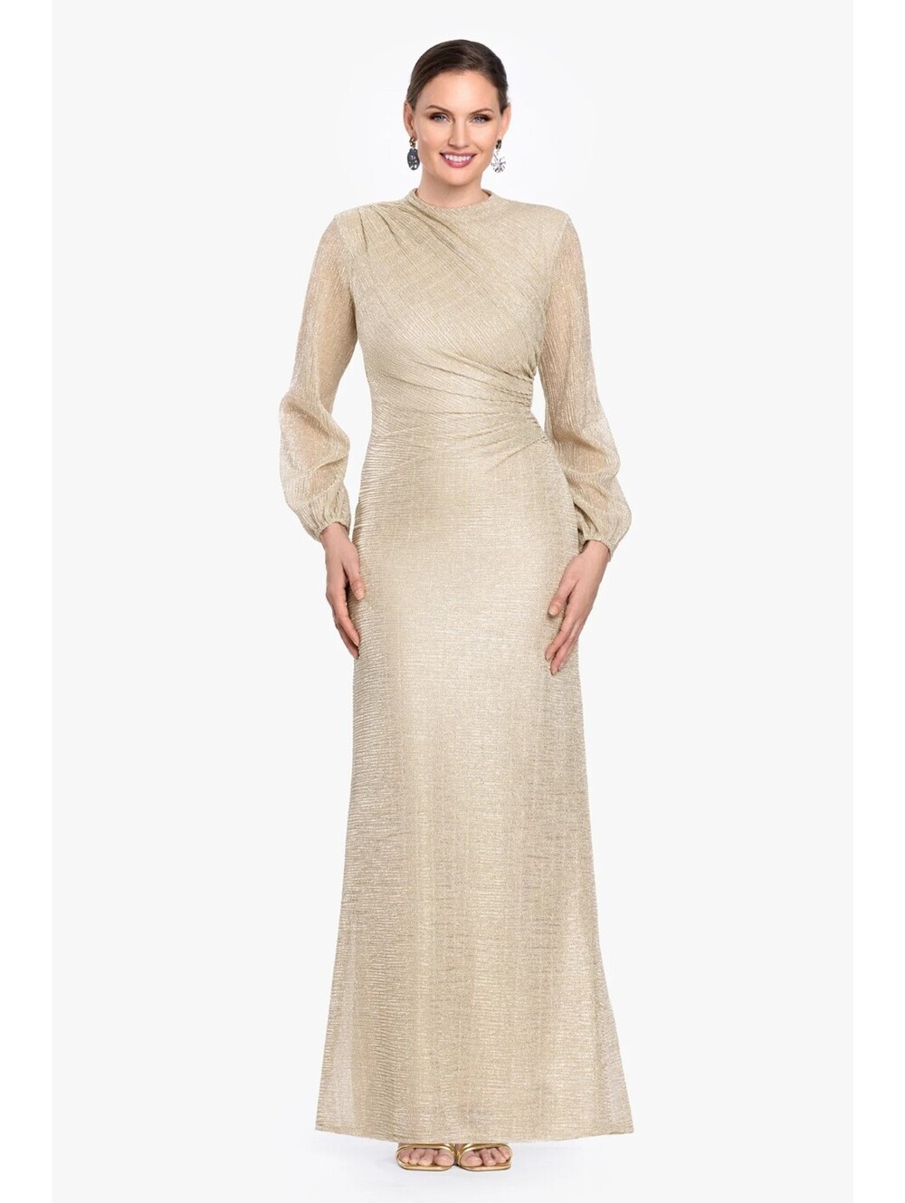 Betsy Adam Gold Crinkle Petite sz 4P "Jayline" Metallic Long Sleeve Modest Gown